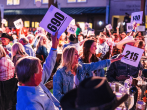 A group of attendees actively participates in a lively auction event. They are holding up numbered paddles, with some displaying high numbers like "690" and "215." The crowd is engaged and focused, creating an energetic and competitive atmosphere. The setting is indoors, with tables and auction items visible, emphasizing the excitement and community involvement at The Shea Center’s fundraising event.