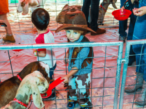 A young child dressed as a cowboy, complete with a hat and vest, is feeding goats inside a fenced area. The child is holding a red feed scoop and smiling, while other children and adults are engaged in similar activities nearby. The setting is lively and engaging, creating a fun and interactive experience at the petting zoo, highlighting the family-friendly and educational environment at The Shea Center.