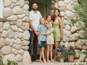 A family of five, consisting of two adults and three children, stands together in front of a stone wall with a door. The adults, dressed in casual summer attire, smile warmly, while the children, also casually dressed, stand close together. The setting is enhanced by potted flowers and greenery, creating a cozy and welcoming atmosphere. The image captures the essence of family togetherness and the inviting environment, highlighting the supportive and community-oriented atmosphere of The Shea Center.